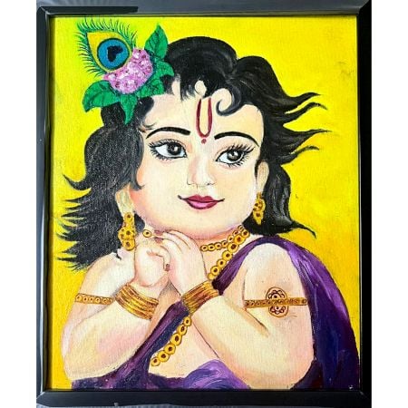 Handmade Baby Krishna Canvas Painting for Home Wall Decor